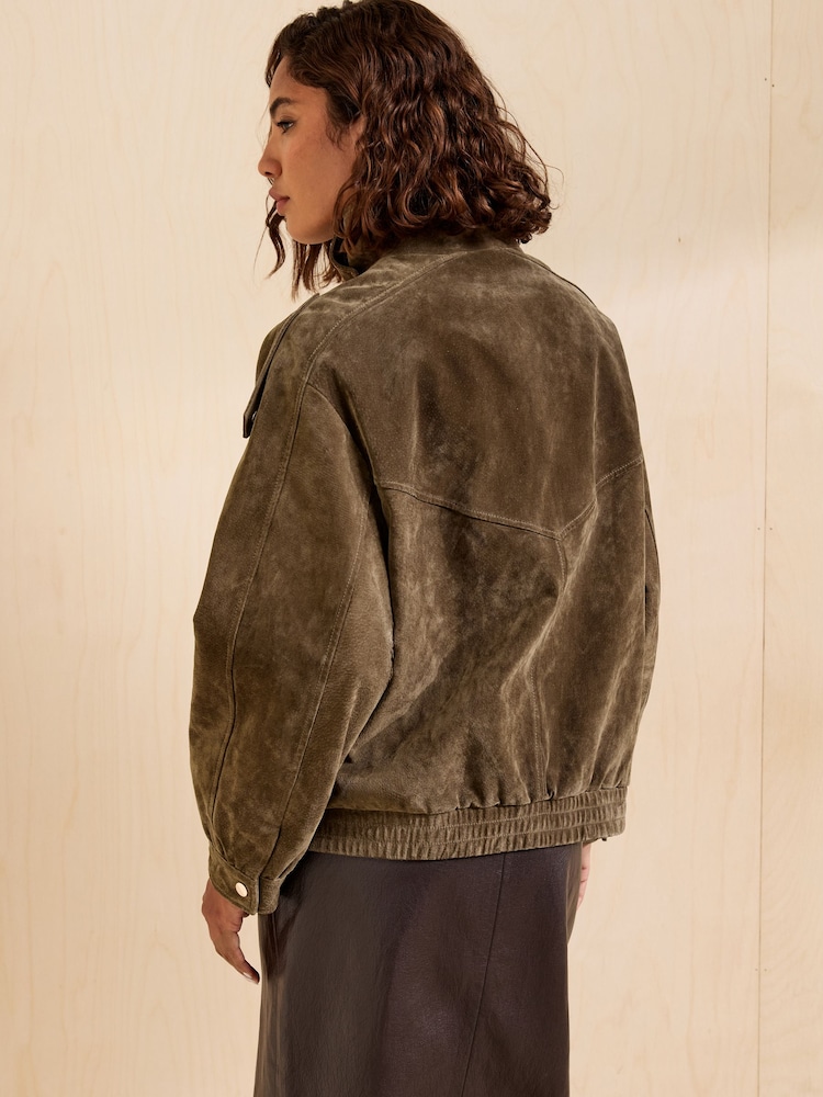 Friends Like These Green Premium Real Suede Bomber Jacket - Image 4 of 4