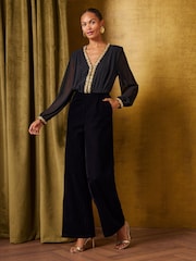 Love & Roses Embellished Trim V-Neck Jumpsuit - Imaginea 1 din 5