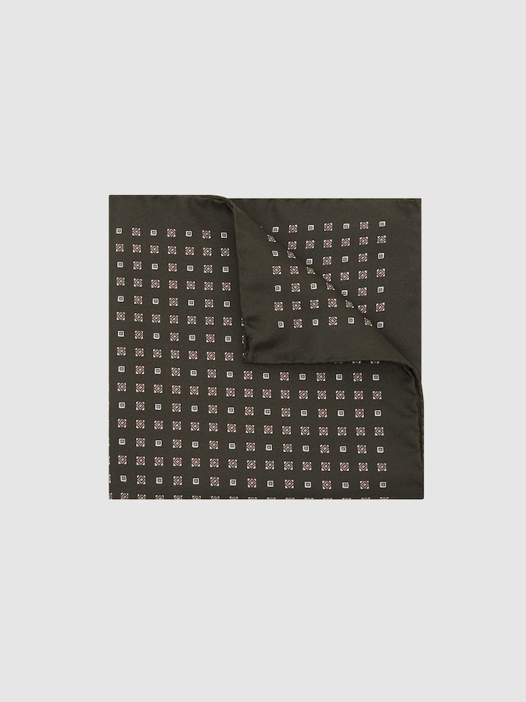 Reiss Khaki Green Sisto Silk Micro Diamond-Print Pocket Square - Image 1 of 3