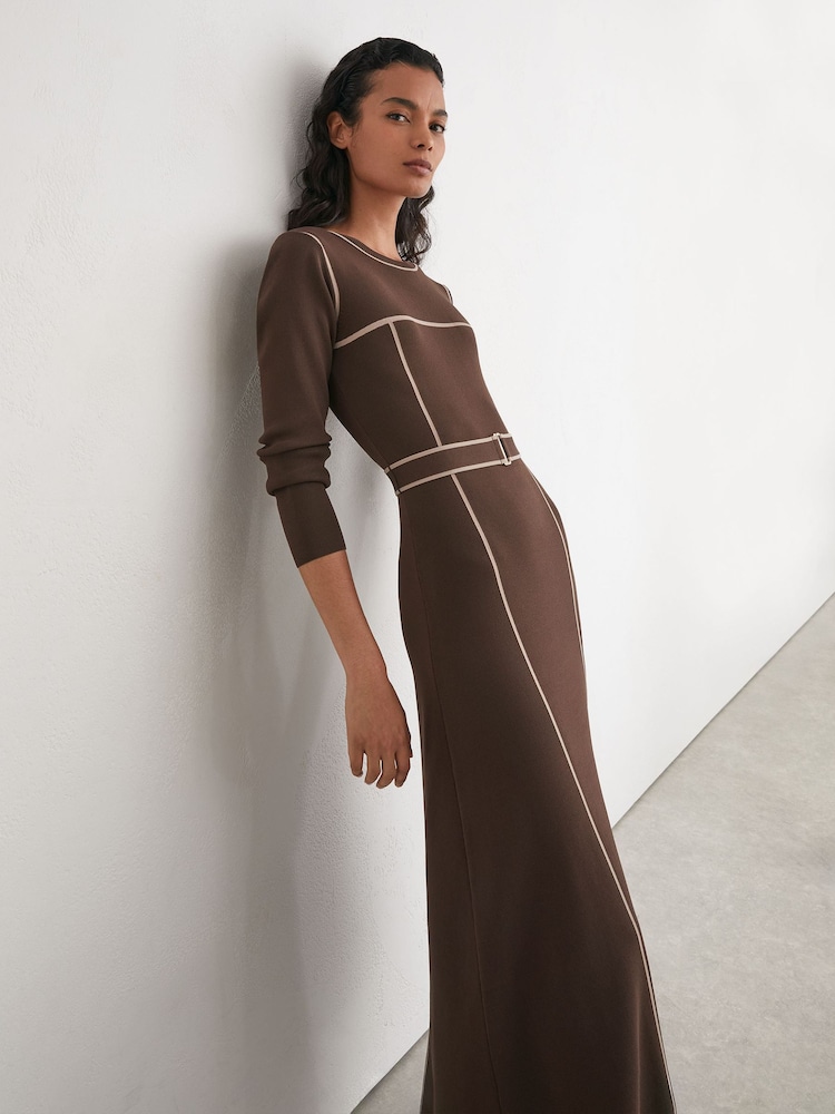 Marron café - Robe Mi-longue Reiss Etta Colour Block en maille - Image 1 de 8 Marron café - Robe Mi-longue Reiss Etta Colour Block en maille - Image 1 de 8