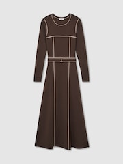 Marron café - Robe Mi-longue Reiss Etta Colour Block en maille - Image 2 de 8