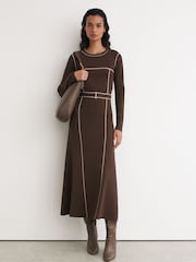 Marron café - Robe Mi-longue Reiss Etta Colour Block en maille - Image 3 de 8