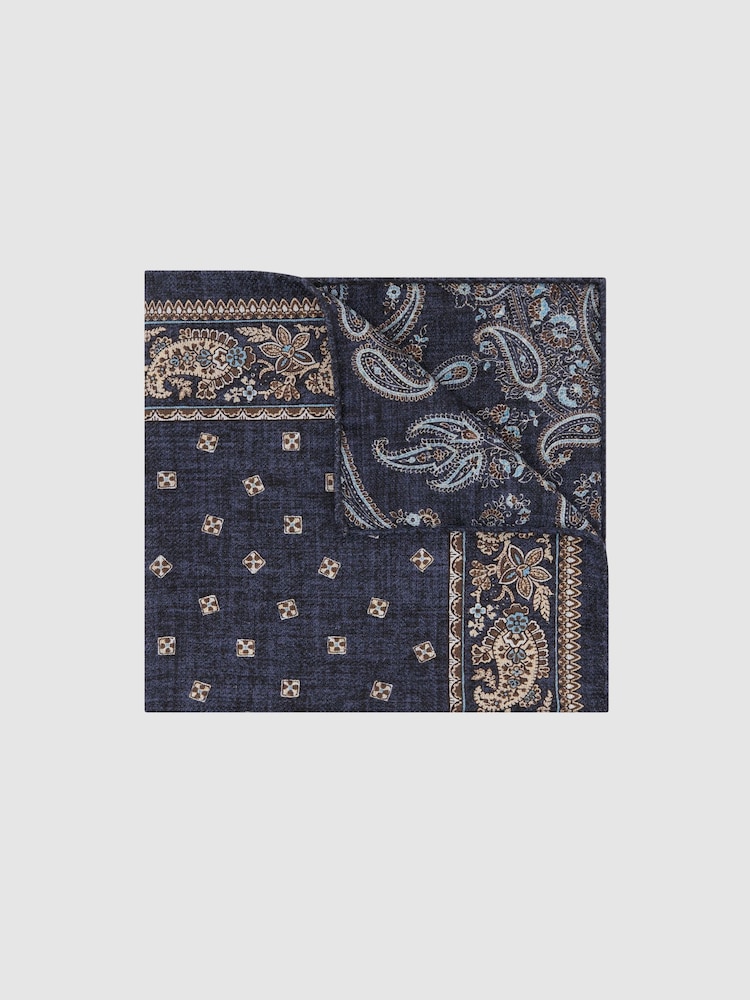 Reiss Navy Ennio Silk Square-Medallion Paisley Pocket Square - Image 1 of 4 Reiss Navy Ennio Silk Square-Medallion Paisley Pocket Square - Image 1 of 4