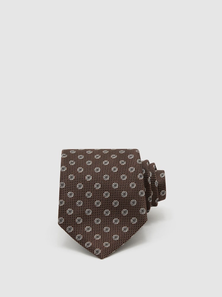 Reiss Brown Oro Silk-Blend Woven Oval Micro Medallion Tie - Image 1 of 5 Reiss Brown Oro Silk-Blend Woven Oval Micro Medallion Tie - Image 1 of 5