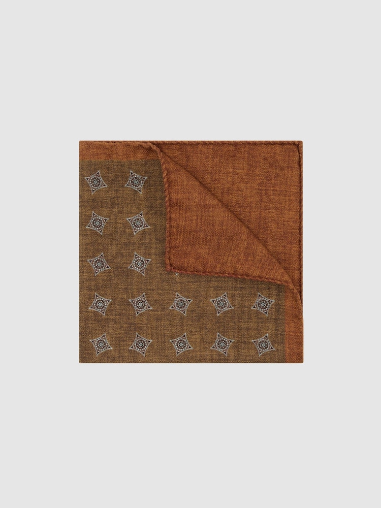 Reiss Burnt Orange Corrado Silk Diamond Medallion-Print Pocket Square - Image 1 of 3 Reiss Burnt Orange Corrado Silk Diamond Medallion-Print Pocket Square - Image 1 of 3