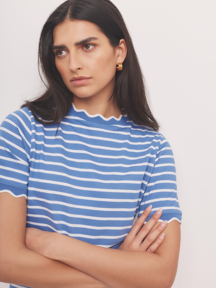 藍色 - Mint Velvet Stripe Scallop Trim T-Shirt - 圖片 2/7