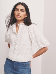 Mint Velvet White Jacquard Ruffle Blouse - Image 1 of 8