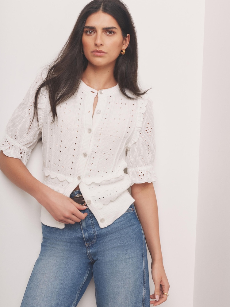 Mint Velvet White Cotton Broderie Knit Cardigan - Image 1 of 7