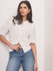 Mint Velvet White Cotton Broderie Knit Cardigan - Image 5 of 7