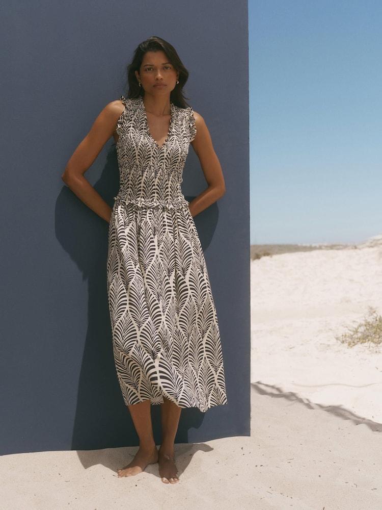 Mint Velvet Blue Print Shirred Midi Dress - Image 1 of 8 Mint Velvet Blue Print Shirred Midi Dress - Image 1 of 8