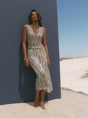 Mint Velvet Blue Print Shirred Midi Dress - Image 6 of 8