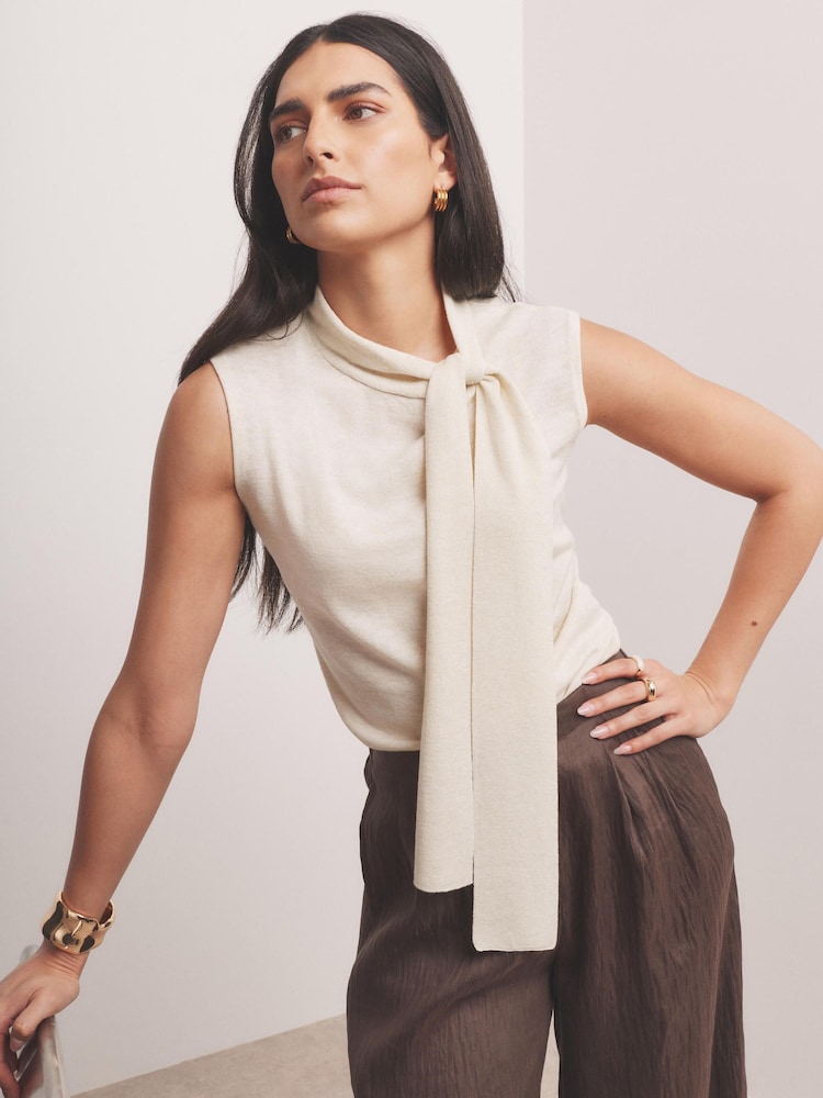 Mint Velvet Metallic Knit Tie Neck Top - 圖片 2/7