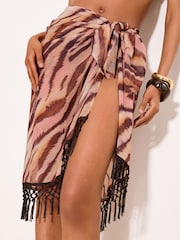 Lipsy Neutral Animal Printed Fringed Mini Sarong - Image 2 of 5