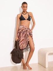 Lipsy Neutral Animal Printed Fringed Mini Sarong - Image 3 of 5
