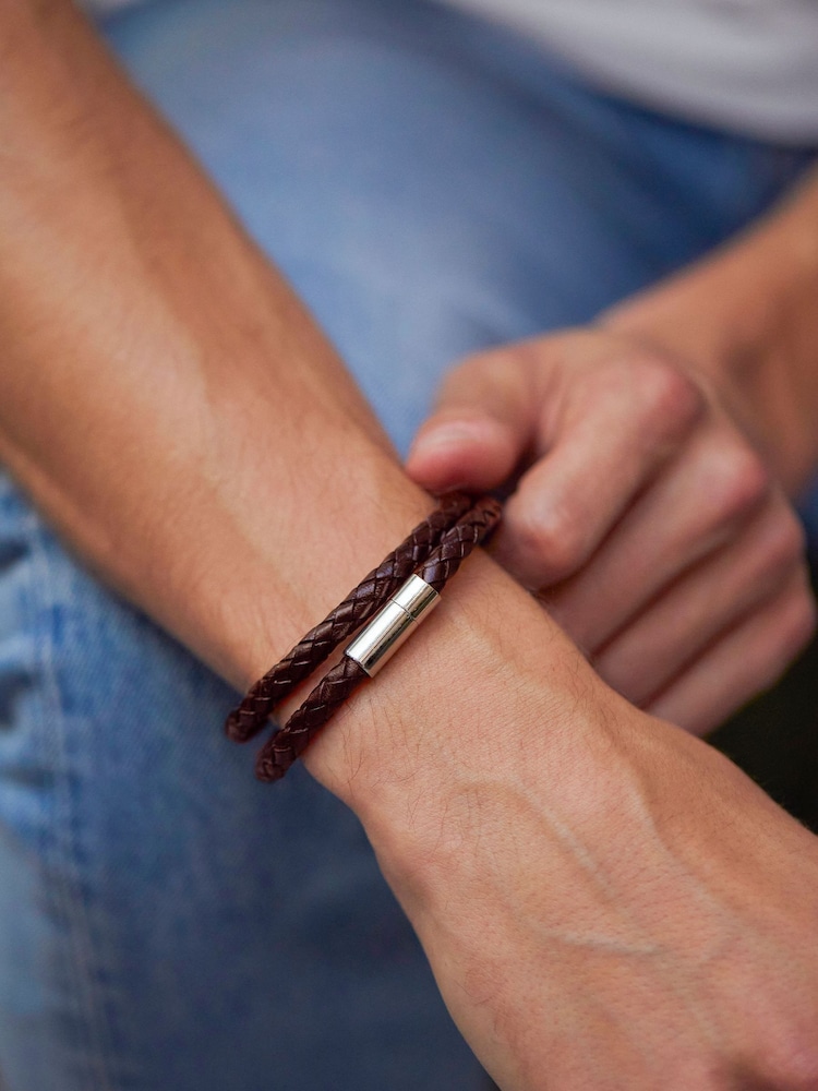 棕色 - Bartlett Men's Leather Double Wrap Bracelet - 圖片 3/3