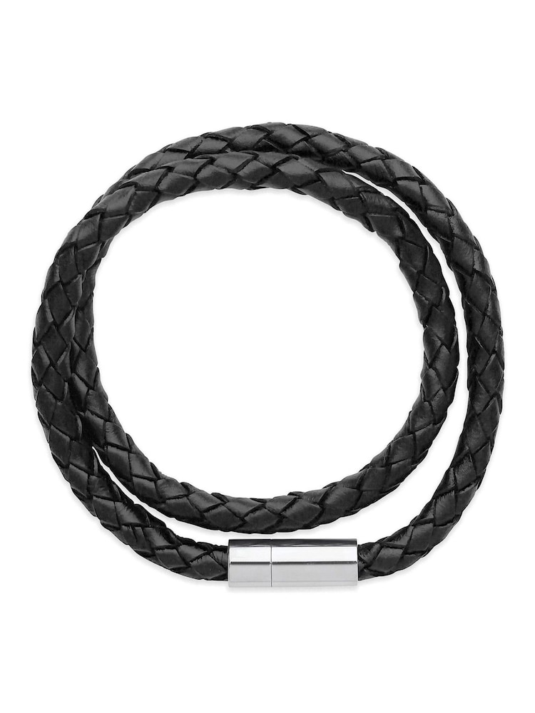 黑色 - Bartlett Men's Leather Double Wrap Bracelet - 圖片 1/3