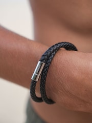 黑色 - Bartlett Men's Leather Double Wrap Bracelet - 圖片 3/3