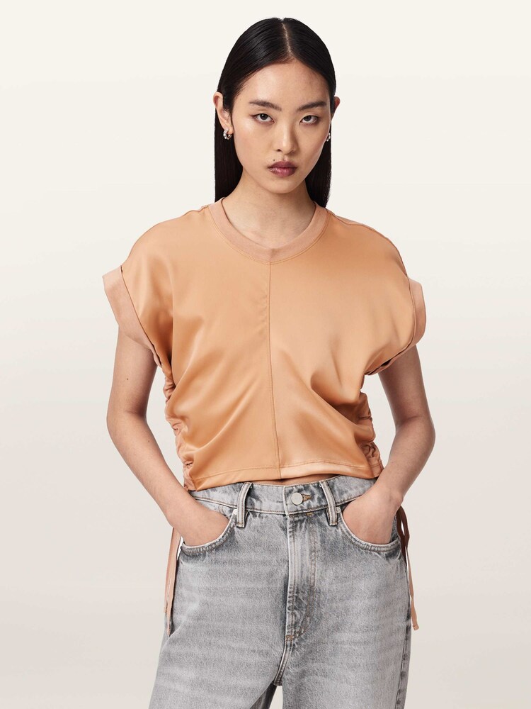 AllSaints Pink Mira Satin T-Shirt - Image 1 of 6