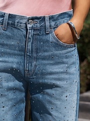 Mid Blue Embellished Authentic High Rise City Straight Leg Jeans - Image 4 of 7