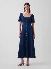 Gap Dark Wash Denim Puff-Sleeve Button-Front Maxi Dress - Image 1 of 4