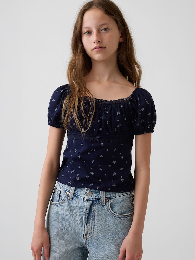 Gap Navy Floral Lace-Trim Puff-Sleeve Top (4-13yrs) - Image 1 of 4 Gap Navy Floral Lace-Trim Puff-Sleeve Top (4-13yrs) - Image 1 of 4