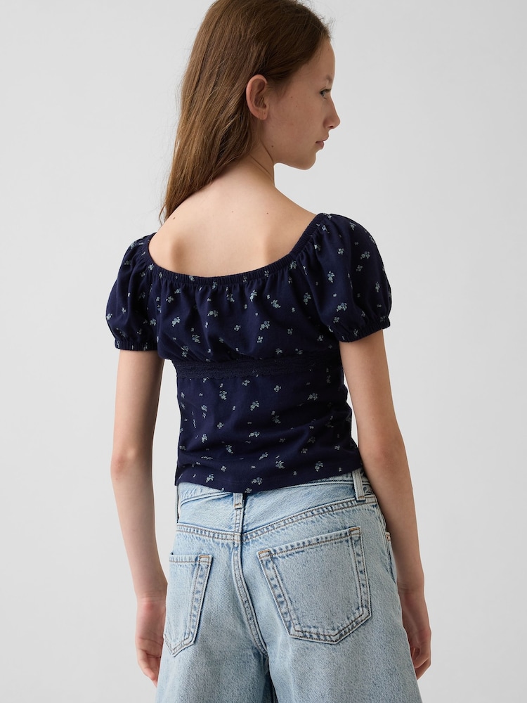 Gap Navy Floral Lace-Trim Puff-Sleeve Top (4-13yrs) - Image 2 of 4 Gap Navy Floral Lace-Trim Puff-Sleeve Top (4-13yrs) - Image 2 of 4