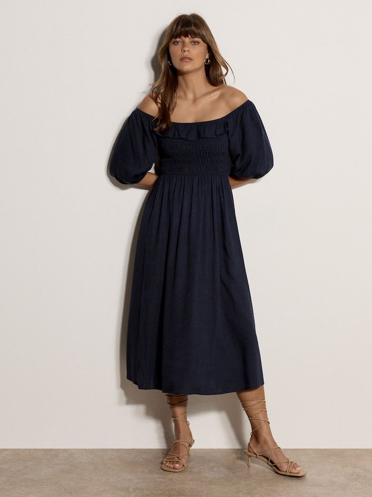 Apricot Blue Smocked Bardot Maxi Dress - Image 1 of 5 Apricot Blue Smocked Bardot Maxi Dress - Image 1 of 5