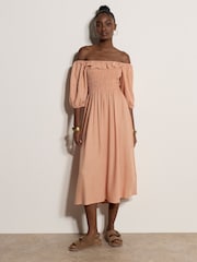 Apricot Orange Smocked Bardot Maxi Dress - Image 1 of 5