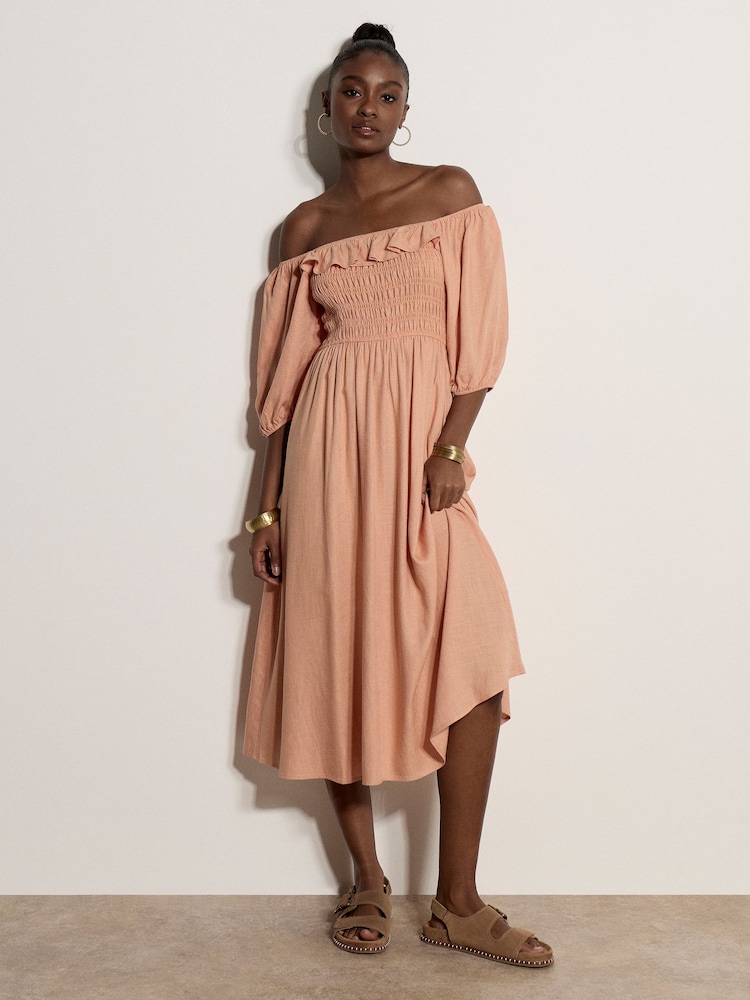Apricot Orange Smocked Bardot Maxi Dress - Image 2 of 5