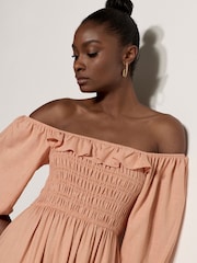 Apricot Orange Smocked Bardot Maxi Dress - Image 4 of 5