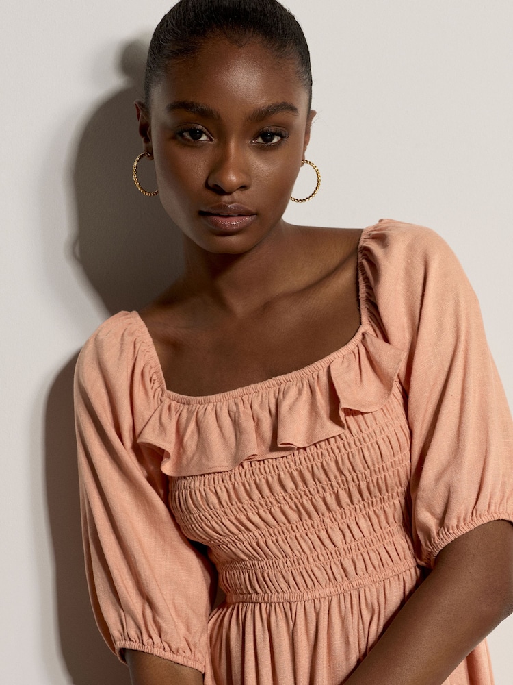 Apricot Orange Smocked Bardot Maxi Dress - Image 5 of 5