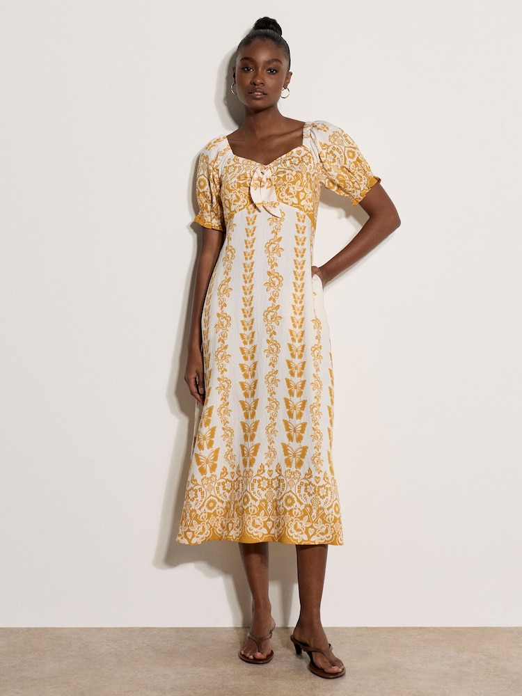 Apricot Yellow Butterfly Border Print Midi Dress - Image 1 of 4 Apricot Yellow Butterfly Border Print Midi Dress - Image 1 of 4