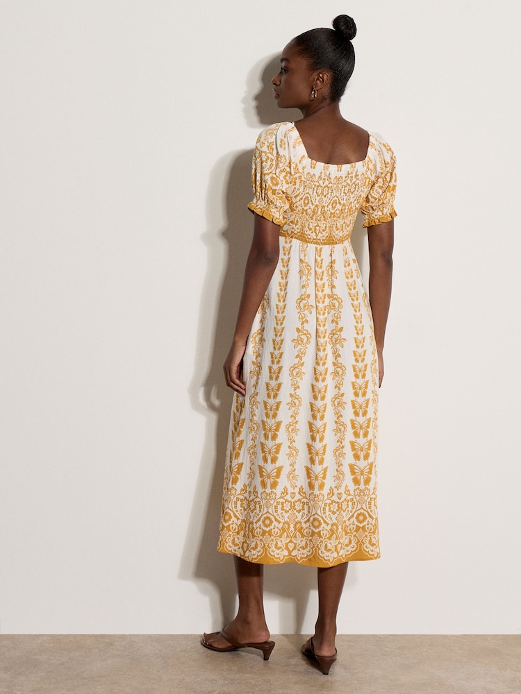 Apricot Yellow Butterfly Border Print Midi Dress - Image 2 of 4 Apricot Yellow Butterfly Border Print Midi Dress - Image 2 of 4