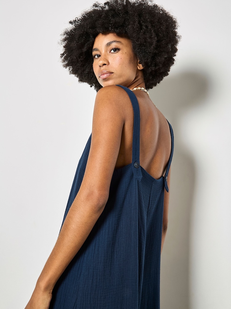Apricot Blue Wide-Leg Textured Cotton Jumpsuit - Image 4 of 4 Apricot Blue Wide-Leg Textured Cotton Jumpsuit - Image 4 of 4