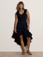 Apricot Blue Cotton High-Low Ruffle Midi Dress - Image 1 of 5