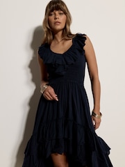 Apricot Blue Cotton High-Low Ruffle Midi Dress - Image 2 of 5