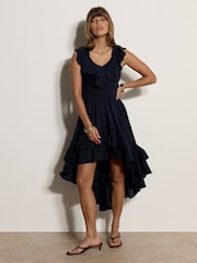 Apricot Blue Cotton High-Low Ruffle Midi Dress - Image 3 of 5