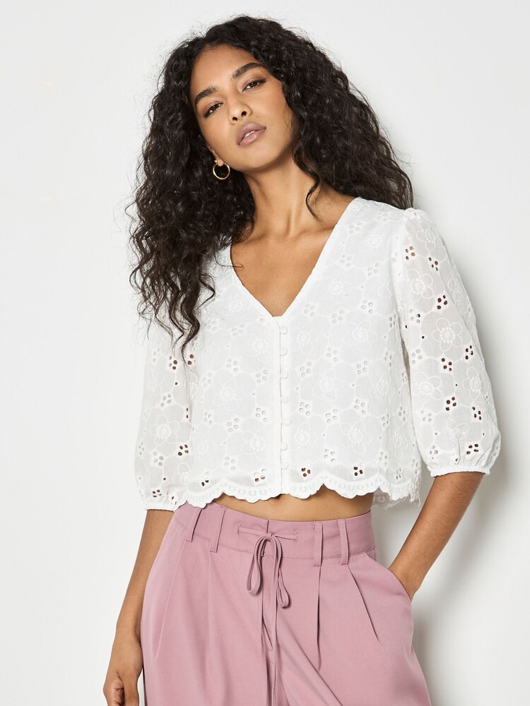 Apricot White Daisy Broderie Anglaise Button Top - Image 1 of 4