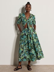 Apricot Blue Tropical Leaf Patchwork Midi Skirt - Image 1 of 4