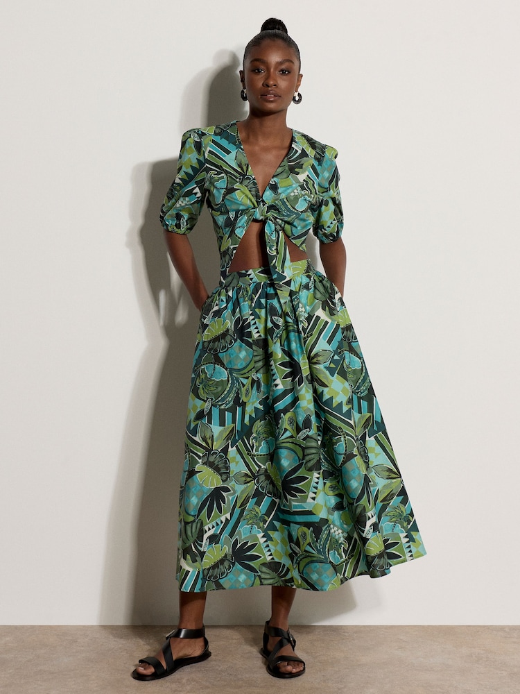 Apricot Blue Tropical Leaf Patchwork Midi Skirt - Image 1 of 4