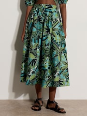 Apricot Blue Tropical Leaf Patchwork Midi Skirt - Image 2 of 4