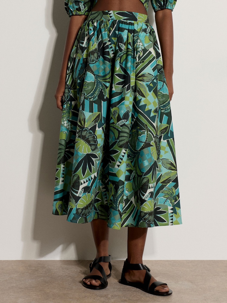 Apricot Blue Tropical Leaf Patchwork Midi Skirt - Image 2 of 4