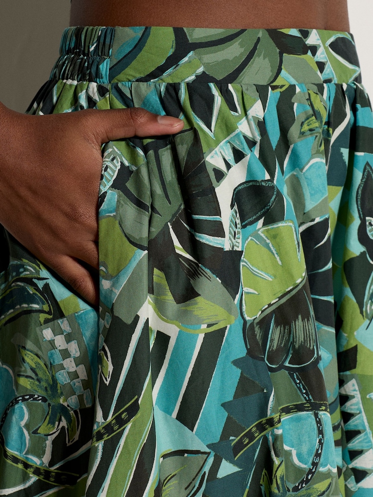 Apricot Blue Tropical Leaf Patchwork Midi Skirt - Image 4 of 4