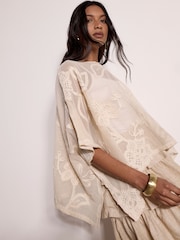 Apricot Natural Cotton-Blend Mesh Floral Embroidered Top - Image 3 of 4
