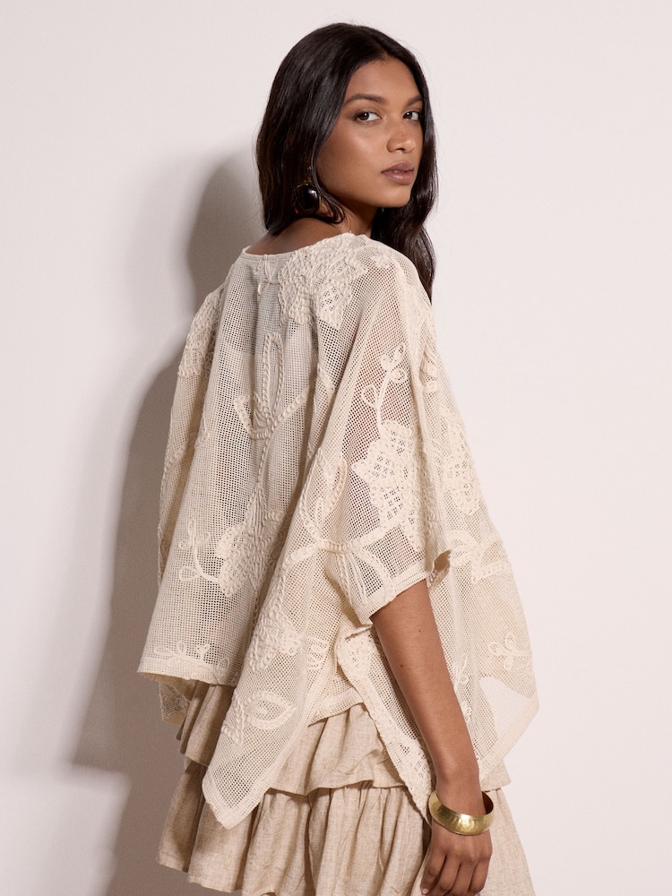 Apricot Natural Cotton-Blend Mesh Floral Embroidered Top - Image 4 of 4 Apricot Natural Cotton-Blend Mesh Floral Embroidered Top - Image 4 of 4