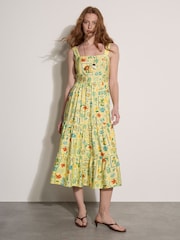 Apricot Yellow Postcard Print Tiered Midi Dress - Image 1 of 4