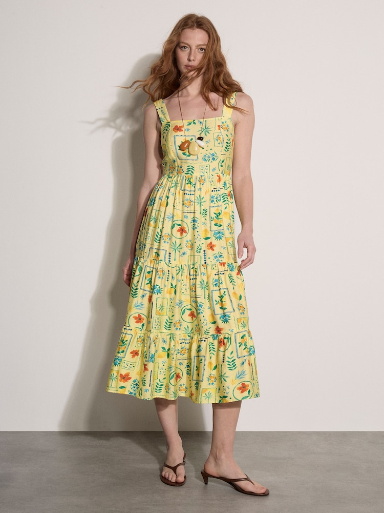 Apricot Yellow Postcard Print Tiered Midi Dress - Image 1 of 4