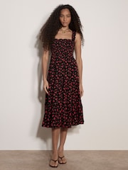 Apricot Black Ditsy Floral Smocked Midi Dress - Image 1 of 4