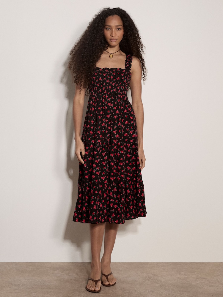 Apricot Black Ditsy Floral Smocked Midi Dress - Image 1 of 4