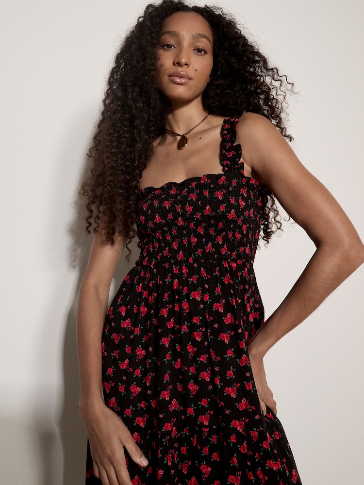 Apricot Black Ditsy Floral Smocked Midi Dress - Image 4 of 4